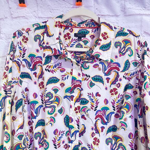 TALBOTS XL Cream Button Up Blouse with Colorful Floral Paisley Print GORGEOUS - Picture 2 of 7